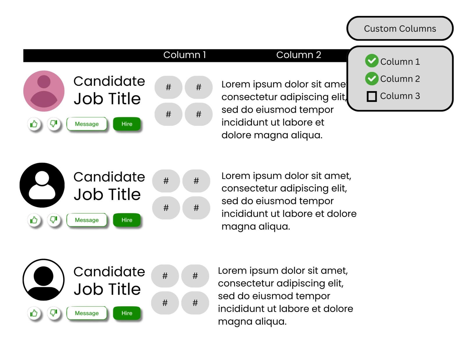 Example of Table View & Custom Columns concept *Visuals are not from the actual Figma concept presented to participants.